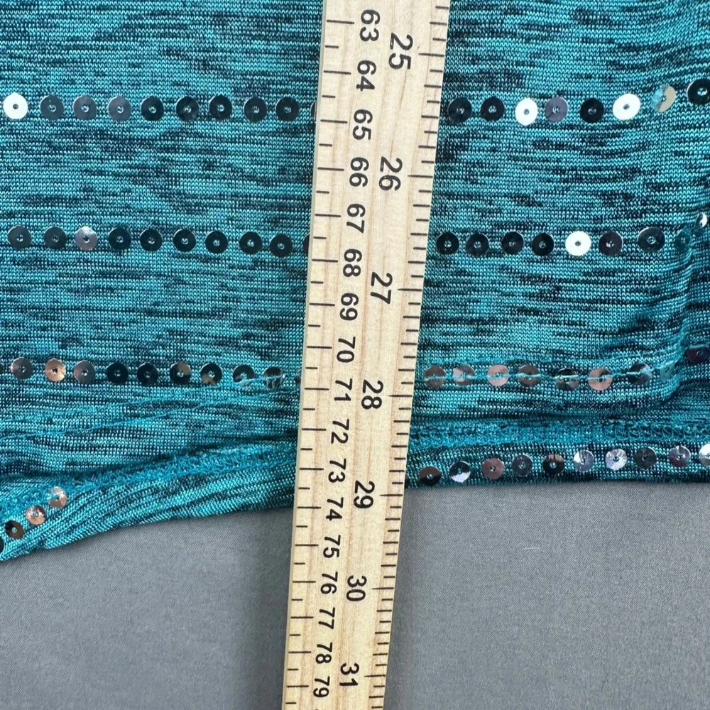 Peck & Peck Top Womens S Teal Excellent Sequin Sharkbite Hem Space Dye Sparkle